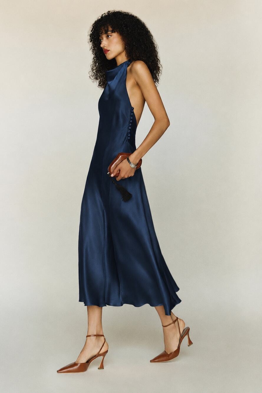 Reformation Kaylah silk dress navy blue US6